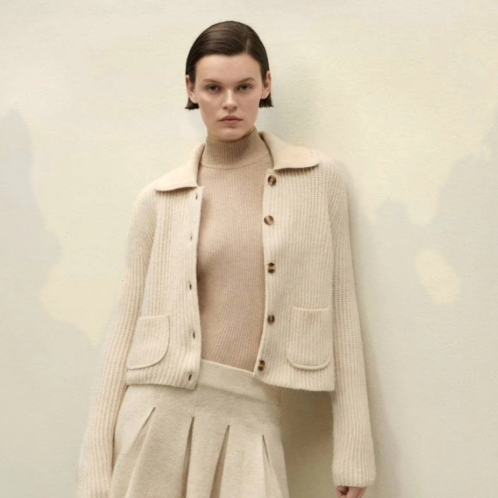 MANGO knitted front pockets collar button down beige cardigan size M‎